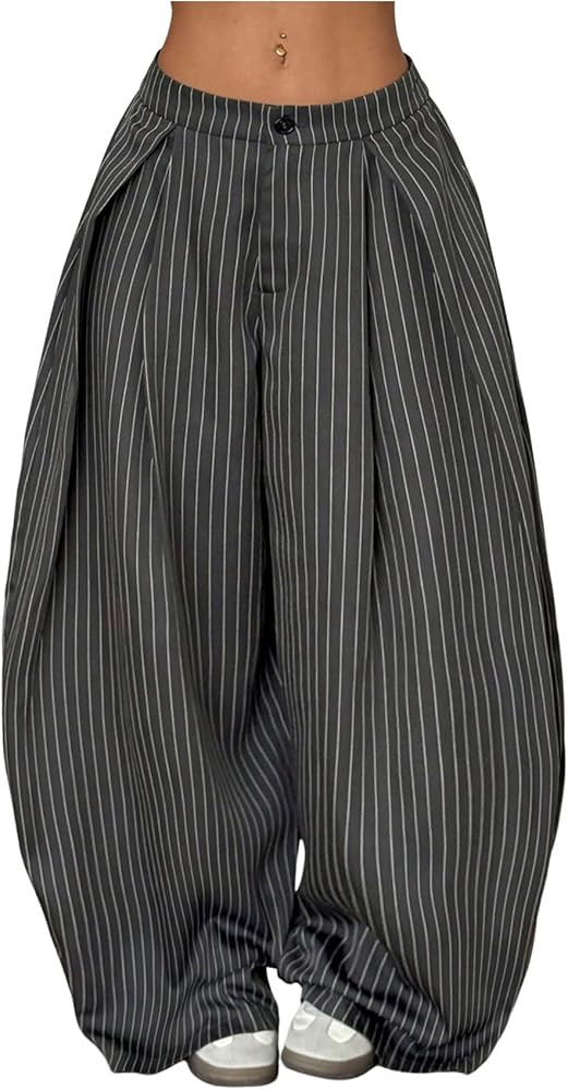 GORGLITTER Women's Baggy Dress Pant Low Rise Pleated Barrel Cargo Oversized Wide Leg Business Cas... | Amazon (US)