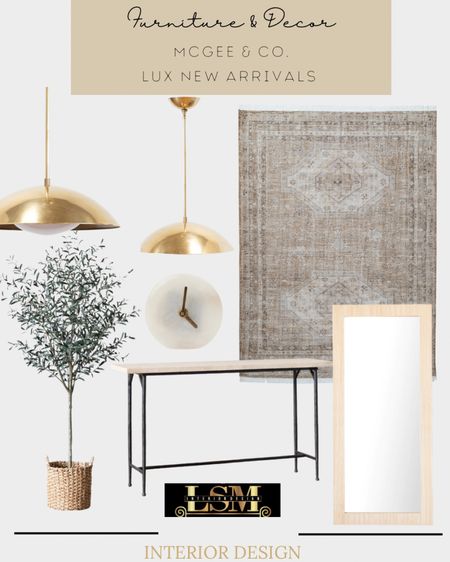 Stunning and lux new arrivals at Mcgee & Co. Floor mirror, realistic faux tree, gold dome pendant lights, area rug, table decor, console table.

#LTKSeasonal #LTKhome #LTKstyletip