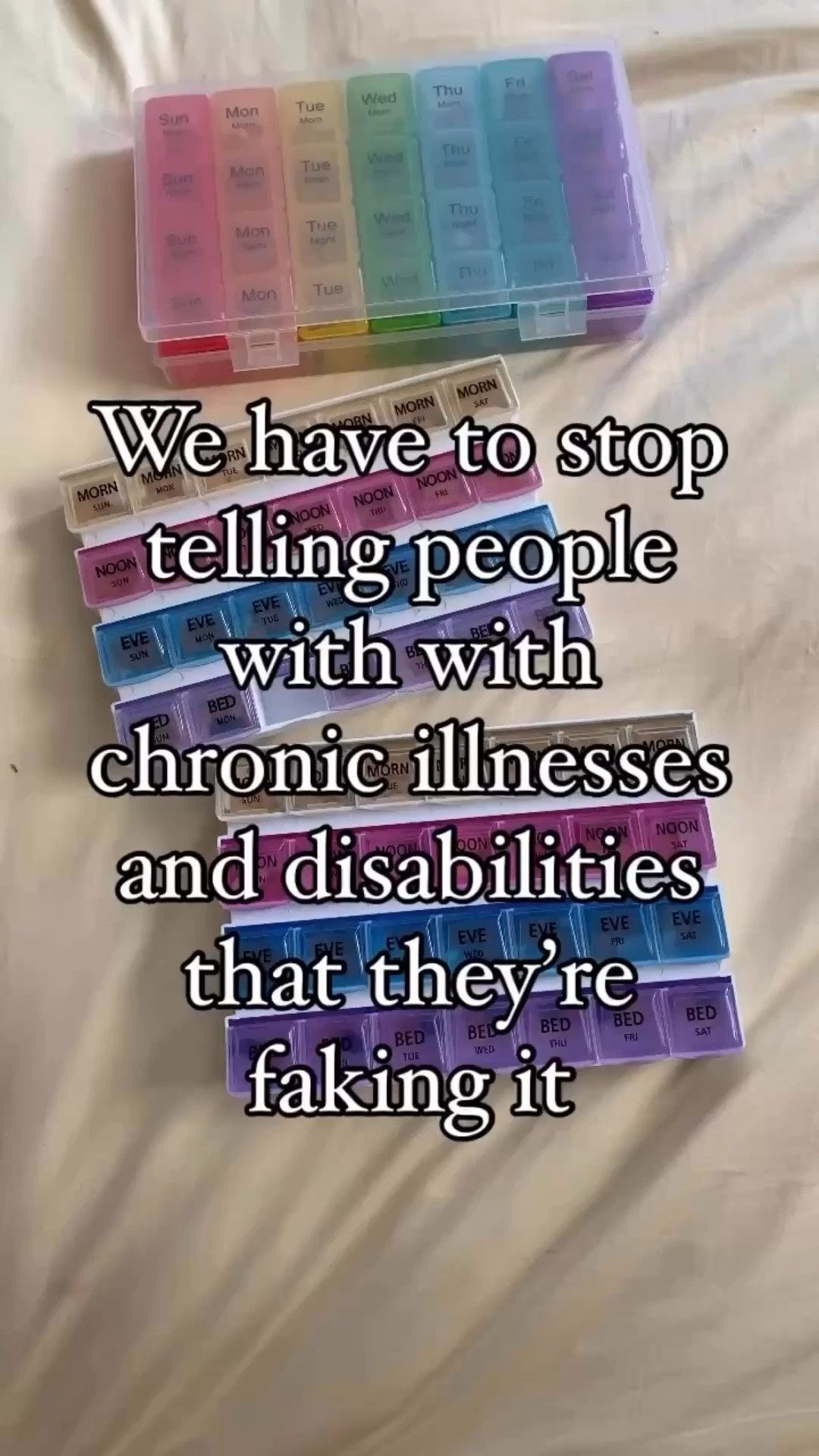 We have to stop telling people with with chronic illnesses and disabilities that they’re faking it

_______ 

Video: a series of videos. In order they are: 
- 3 pill boxes on a yellow bedspread 
- Kate smiles for the camera. She’s a brunette white woman in a navy sweater, gold medallion necklace, and round tortoiseshell glasses 
- a TENS unit on a yellow bedspread 
- an Apple Watch showing a heart rate range of 60-164 over the space of 24 hours 
- Kate smiles for the camera. She’s wearing a gray shirt, gray fair isle style cardigan, silver claddagh necklace, and round tortoiseshell glasses 

Audio plays the text above the line, which is overlaid on the videos.