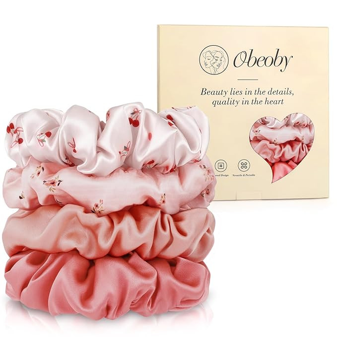 Cherry Pink Mulberry Silk Hair Scrunchies, 4Pcs Silk Hair Ties for Hair Sleep Frizz Breakage All ... | Amazon (US)