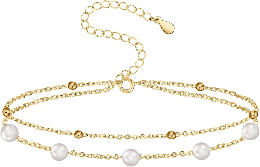 925 Sterling Silver Pearl Bracelets for Women, Adjustable Womens Layered Beaded Charm Bracelets B... | Amazon (US)