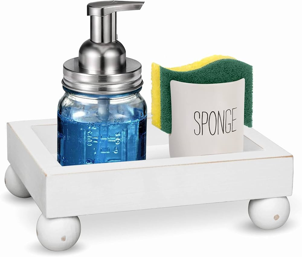 Farmhouse Wooden Tray Riser | Distressed White Wood Footed Pedestal for Kitchen Counter and Vanit... | Amazon (US)