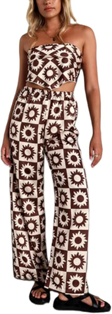 Faretumiya Women 2 Piece Pants Set Sleeveless Bandeau Corset Wide Leg Pants Set Strapless Tube To... | Amazon (US)
