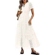 PRETTYGARDEN Womens 2026 Summer Maxi Dress Short Sleeve V Neck Hollow Out Eyelet A Line Long Flow... | Amazon (US)