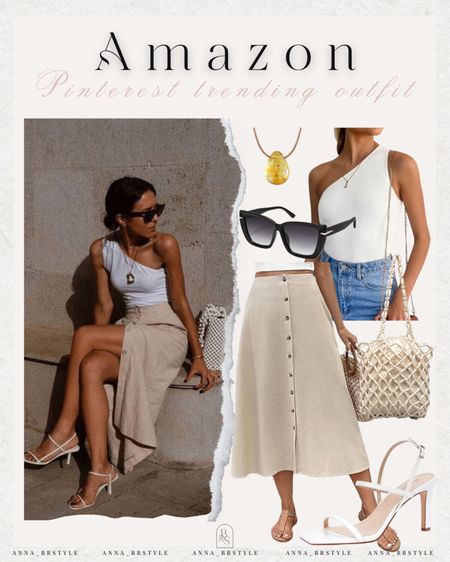 Summer outfit ideas, beige midi skirt, one shoulder top, sandal heels

#LTKFindsUnder50 #LTKFindsUnder100