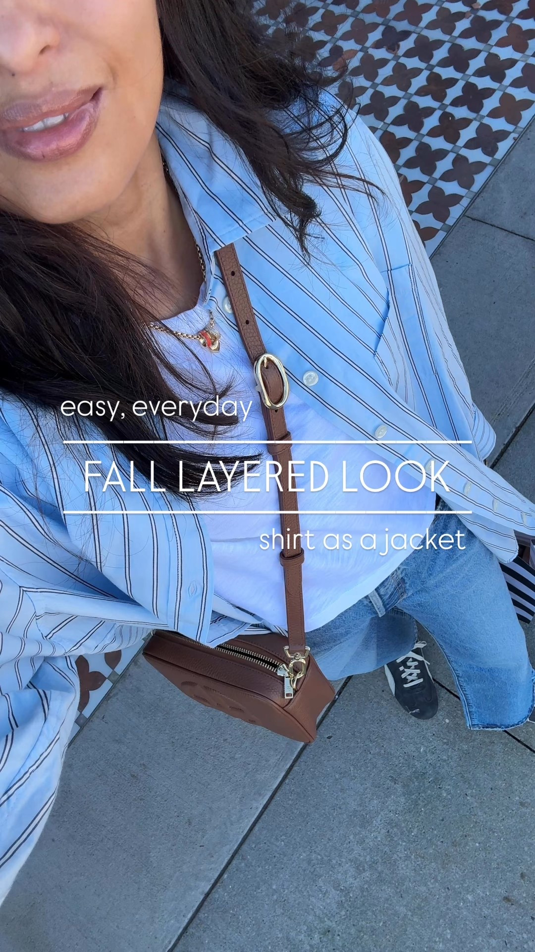 Easy everyday Fall layered look: shirt as a jacket. 
I haven’t pulled out a real jacket yet and have been layering up in the mornings with an oversized button down shirt instead. 
- This exact oversized button down has the best fit. Truly oversized in your true size and I love that. Long enough to cover for leggings too. Size down for a more classic fit. Multiple colors available. 
Currently on sale.
- Linking my current favorite options for good cotton t-shirts. 
- Favorite 90s relaxed straight leg jeans. I size up. 
- Suede sneakers in an eye catching washed gray color. Cool, vintage-vibe. Nice neutral with edge. Comfy fit. True to size. 
- Necklace that elevates a simple tee. 
- Classic leather crossbody bag in neutral brown. 
- Mixed metals bangle bracelets go casual to dressy. 
- The Rhode products come in beautiful shades. The lip products ended up drying out my lips, but I love the blush. I have shades tan line and toasted teddy  

#LTKFindsUnder100 #LTKOver40 #LTKShoeCrush