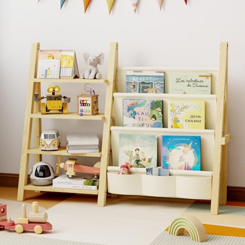 Oenalw Toy Storage Organizer with Kids Bookshelf, Montessori Wooden Toy Organizer Book Shelf for Kids Rooms, Nursery, Playroom, Child, Baby, Toddler Bookcase, Toys Rack Fabric Sling Book Shelves | Amazon (US)