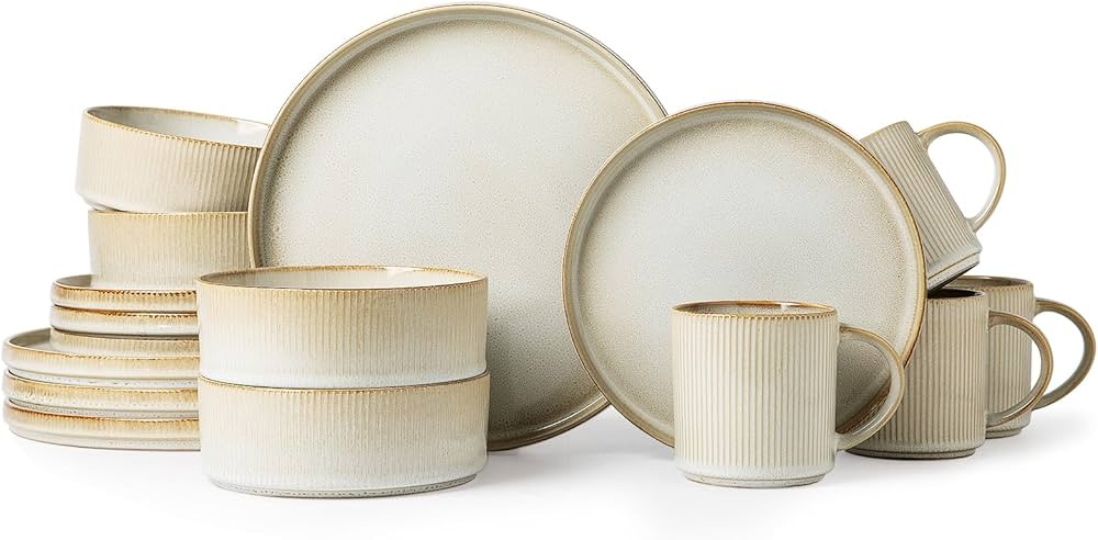 MONITO Ceramic Dinnerware 16 Pieces Bonbon Beige Dinner Set,Plates Pasta Bowls Soup Bowls Reactiv... | Amazon (CA)