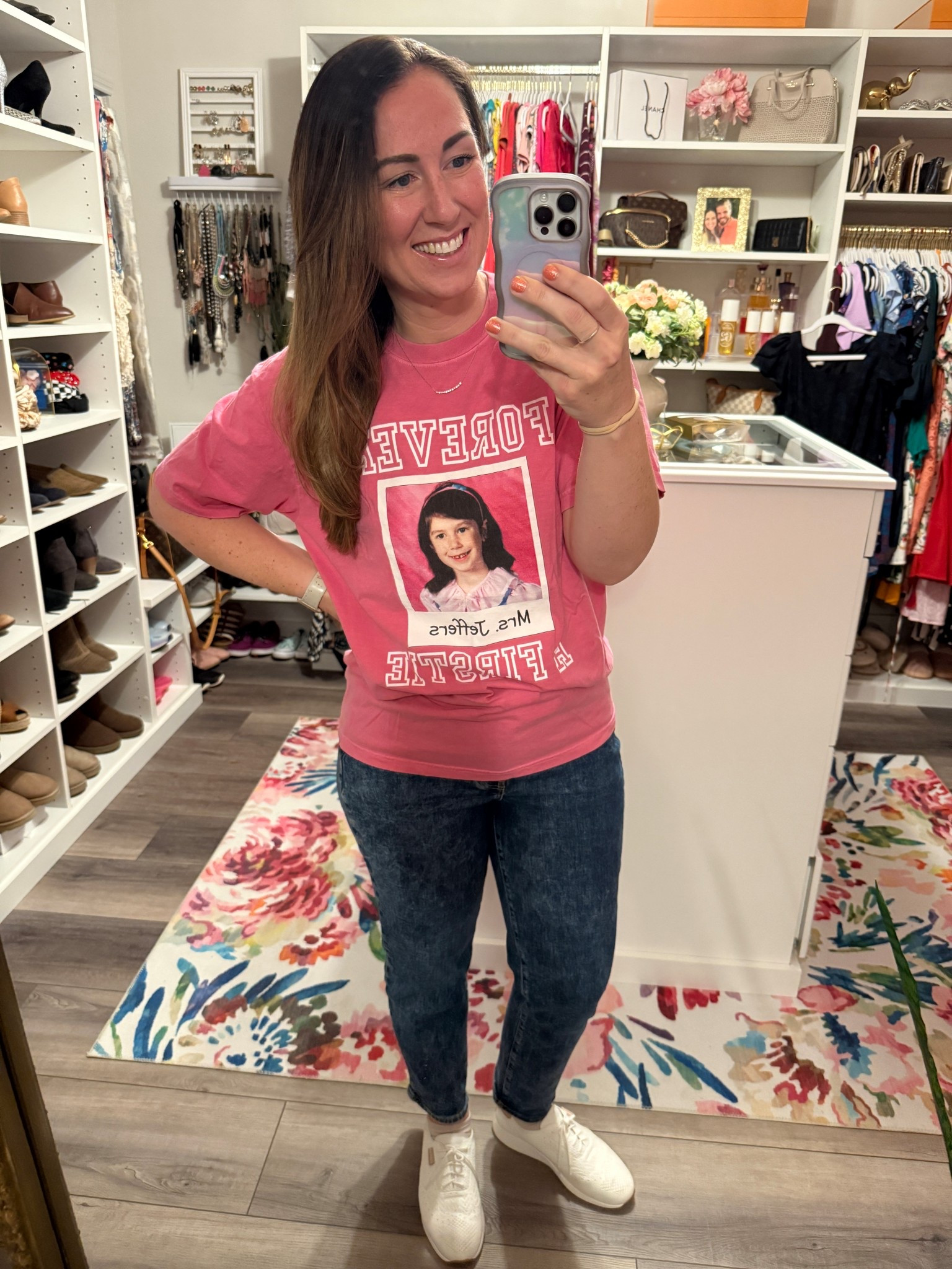 This T-shirt is a must have for teachers! Grab your old first grade or whatever grade level you teach picture and add it to this custom tea from Etsy! I got this adorable pink color and I’m obsessed! 🤩 did anybody else get lease in the background of their elementary school photos? 