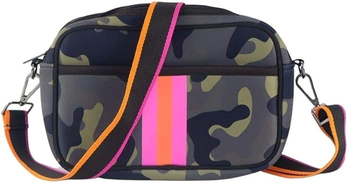 Womens Neoprene Crossbody Camera Bag (Pink & Orange Stripe) | Amazon (US)