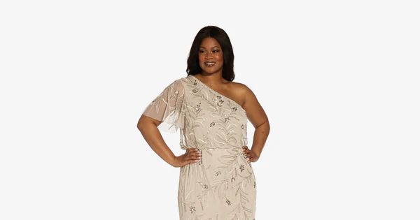 Plus Size Floral Hand-Beaded One-Shoulder Long Blouson Gown In Biscotti | Adrianna Papell