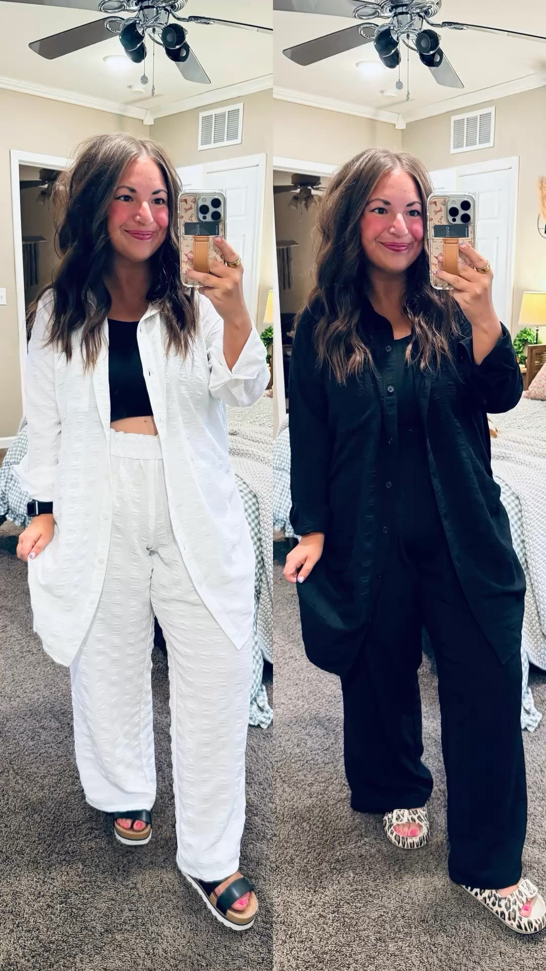 Beach vacation vibes on a budget ☀️ linked this cute coverup set from Walmart featuring the perfect lightweight button down + matching pants 🤍

black sandals (left): fit true to size // wearing a 5
cover up pants: fit true to size // wearing a large
cover up button top: fits oversized // wearing a medium
leopard sandals (right): fit oversized // wearing a 5 

 #LTKootd #LTKMidsize #LTKSwim