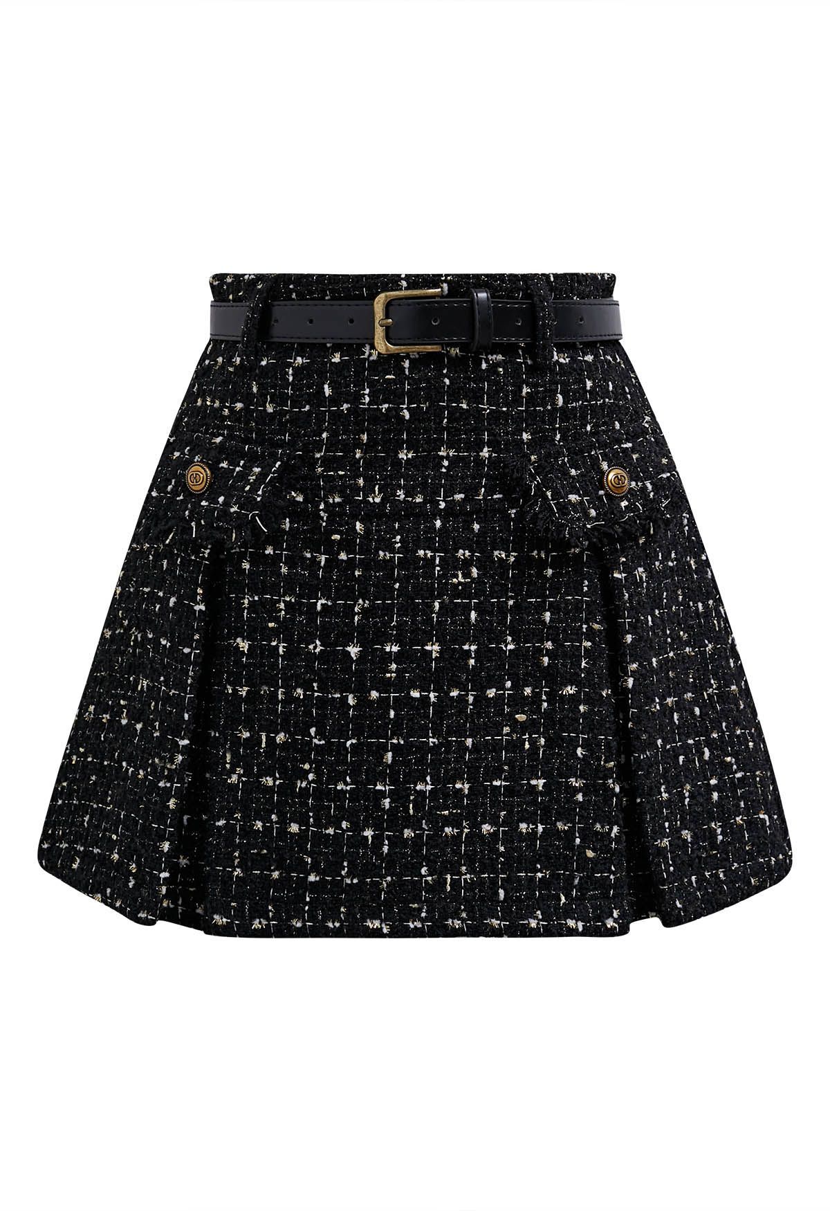 Metallic Tassel Grid Tweed Pleated Skirt with Belt in Black | Chicwish