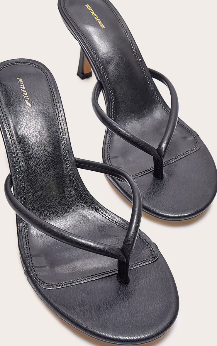 Black Pu Toe Thong Heeled Mules | Footwear | PrettyLittleThing UK