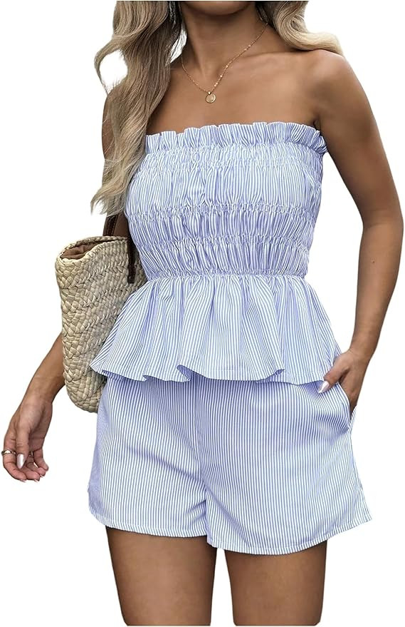 SOLY HUX Women's 2 Piece Summer Vacation Outfits Striped Peplum Ruffle Hem Tube Tops and Shorts S... | Amazon (US)