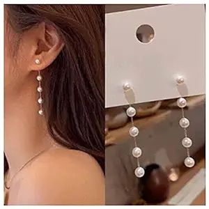 Yheakne Boho Pearl Drop Dangle Earring Gold Long Tassel Pearl Earrings Tiny Pearl Chain Earrings ... | Amazon (US)