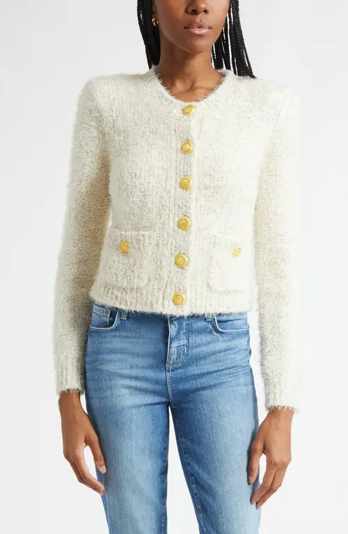 L'AGENCE Una Crop Eyelash Tweed Cardigan in Ivory/Gold Lurex Multi at Nordstrom, Size Small | Nordstrom