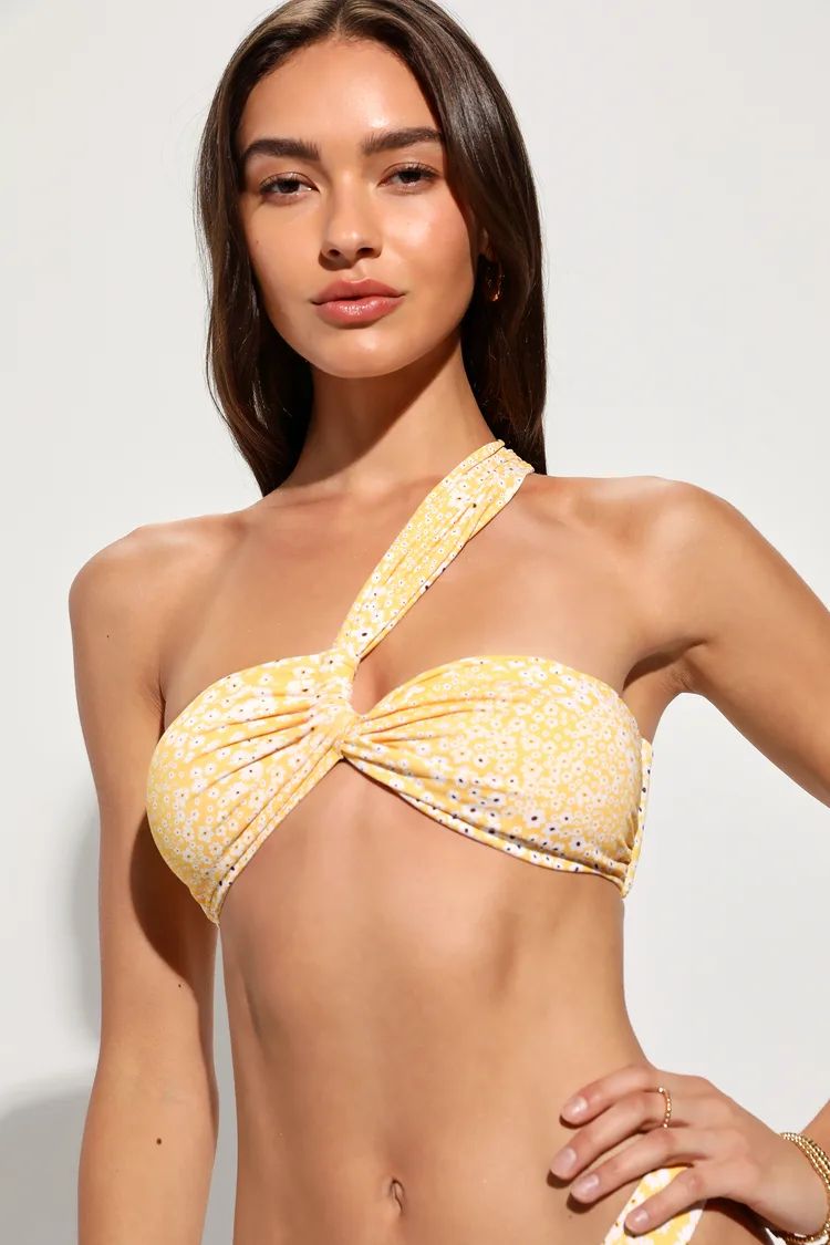 Frankie Yellow Floral Knotted Bandeau Bikini Top | Lulus