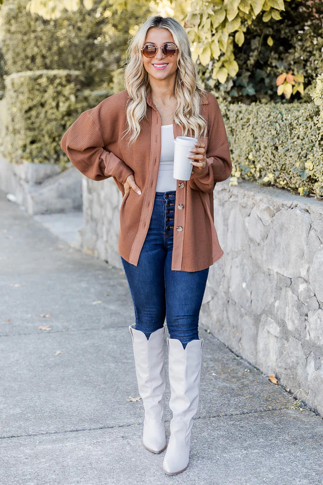 Change The Game Brown Waffle Knit Shacket | Pink Lily