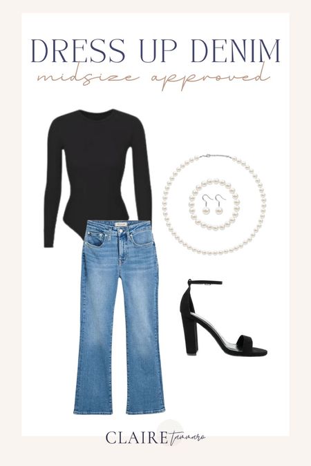 Midsize curvy approved denim jeans black bodysuit black heels pearl accessories 