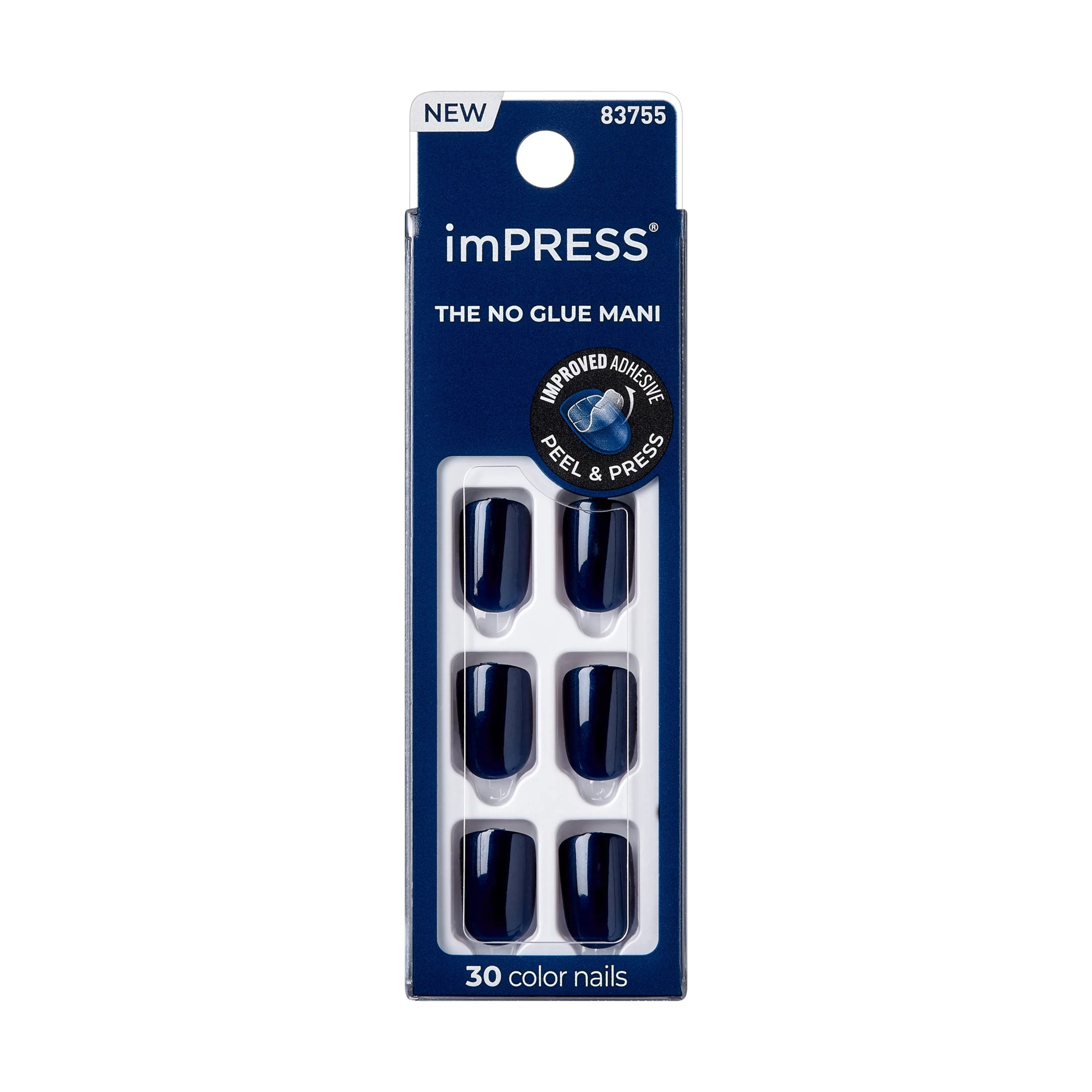 KISS imPRESS No Glue Needed Press On Nails, Color, Never Too Navy, Blue, Short Squoval, 30 Count | Walmart (US)