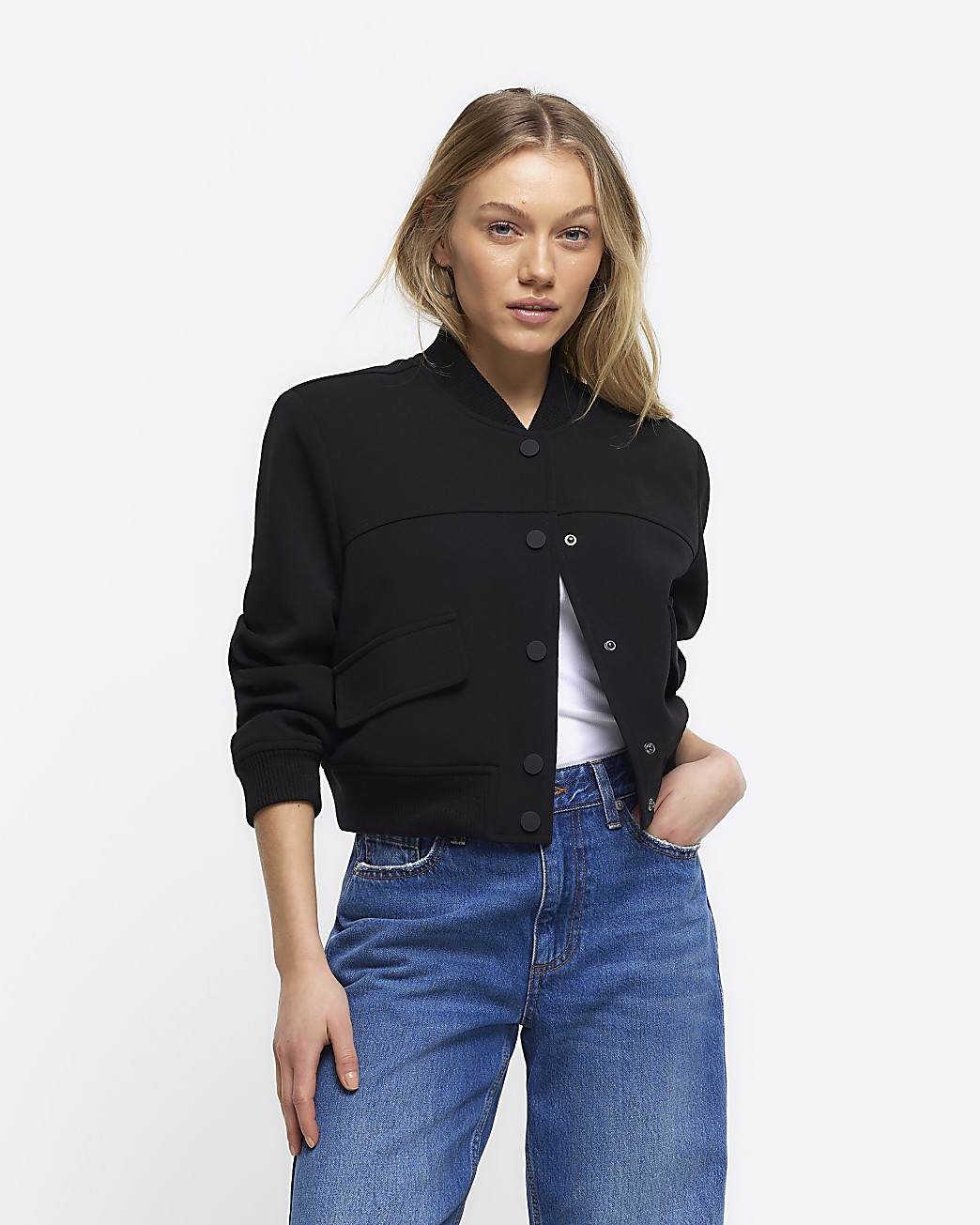 Petite black tailored crop bomber jacket | River Island (UK & IE)