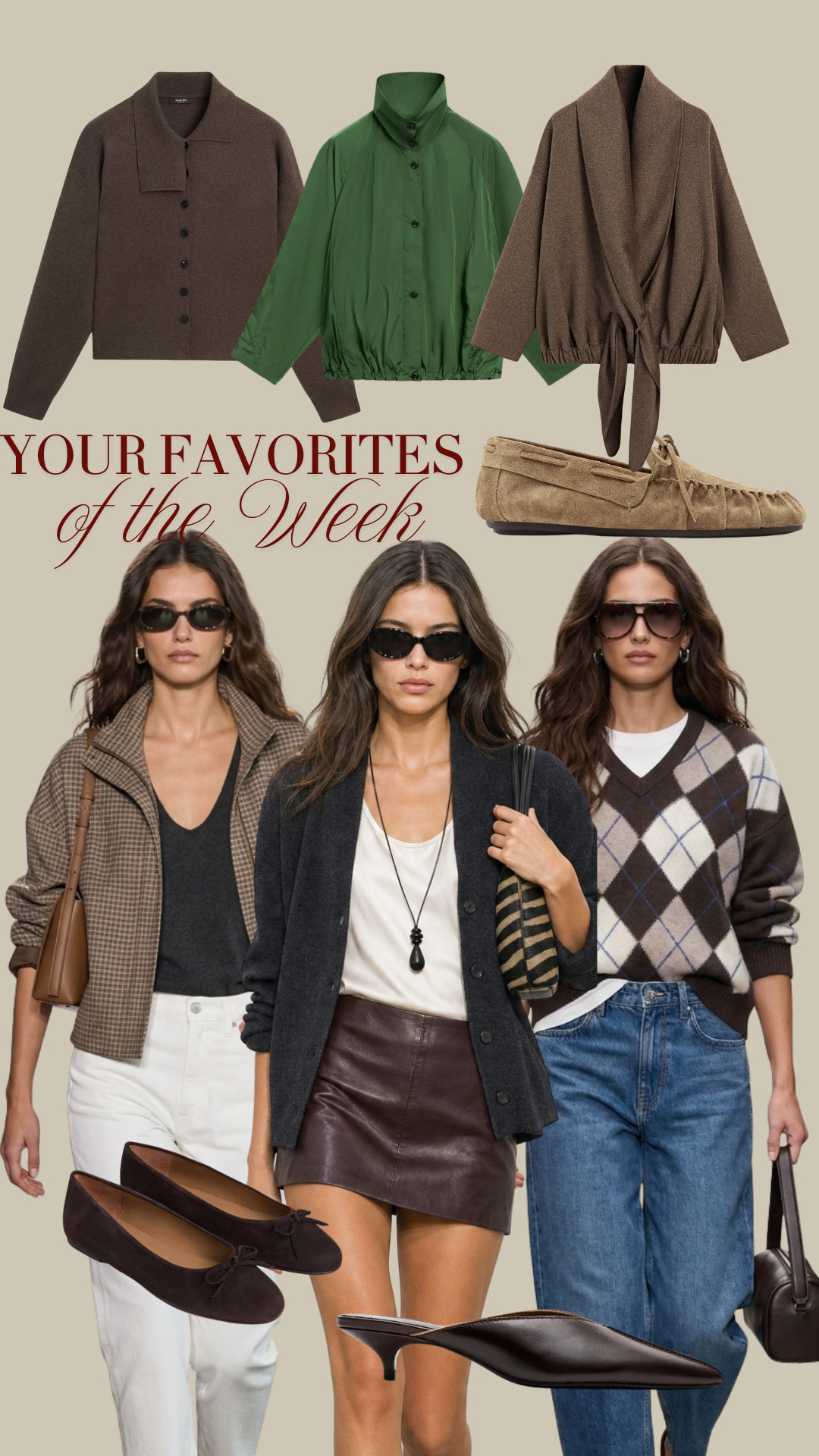 BESTSELLERS OF THE WEEK ✨ Your most loved pieces of the week ✨ TAGS: brown funnel neck cardigan, green technical jacket, neutral scarf jacket, knit argyle sweater, leather skirt, suede ballet flats, heeled mule shoes, checked jacket, white jeans, beige moccasins, shawl collar cardigan 

 #LTKootd #LTKSeasonal #LTKOver40