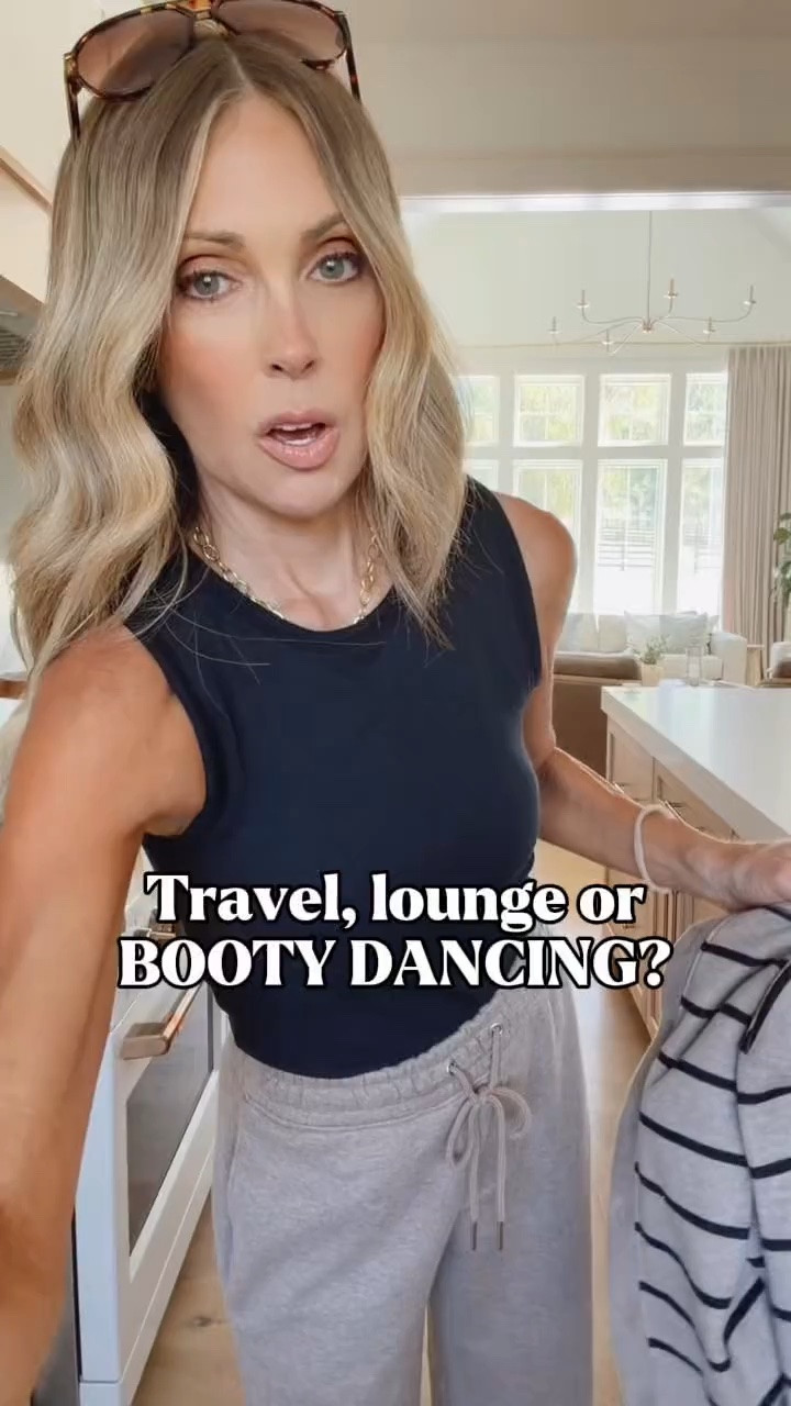 Whether this is your new travel outfit, errands outfit or something you can dance to in your kitchen, the ultra soft tailored sweats are worth the purchase .

I got an XS in all. Looks like the striped cardigan is sold out but the pullover and solids are available.