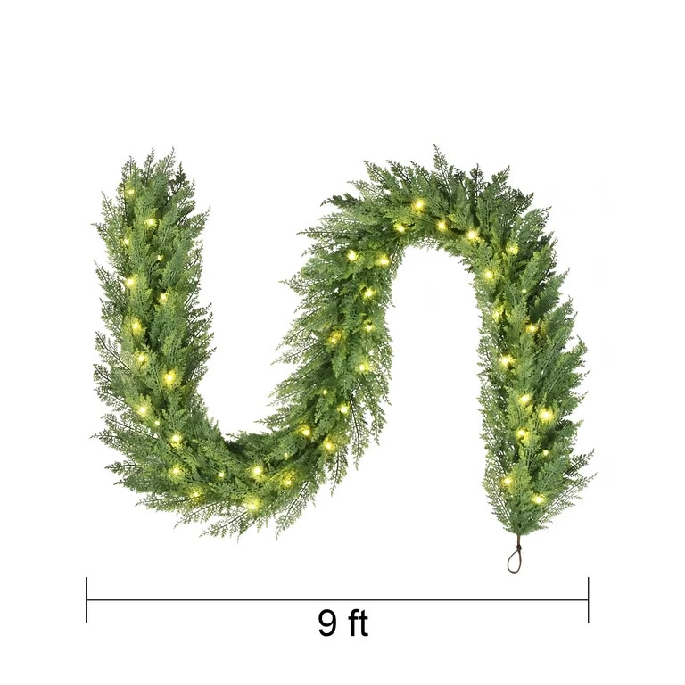My Texas House Cypress Pre-Lit Warm White LED Artificial Christmas Garland, Green, 9' | Walmart (US)
