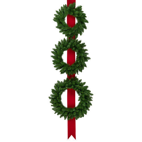 Set of 3 Wreaths on Red Ribbon Hanging Christmas Decoration, 6.5' | Christmas Central