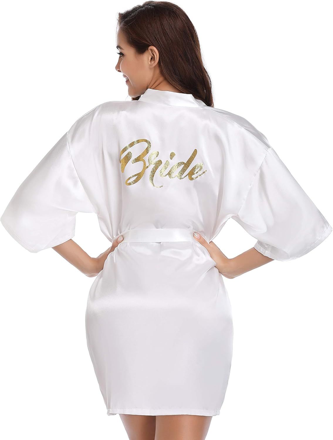 Vlazom Women's Satin Robe Short Kimono Bathrobes for Bride & Bridesmaid Wedding Party Robes with ... | Amazon (US)