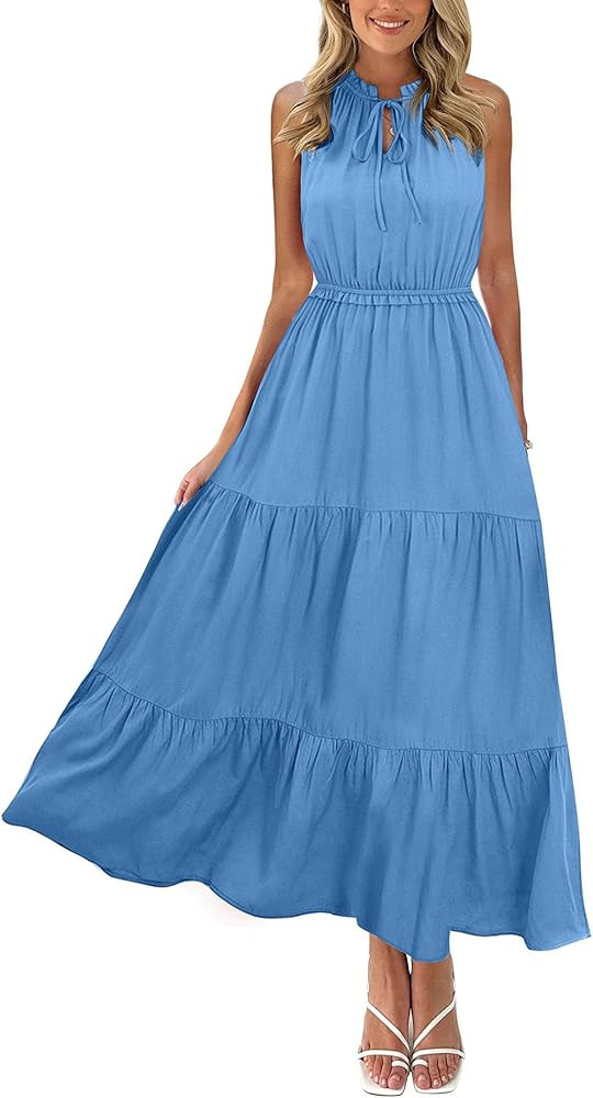 KIRUNDO Women's 2024 Summer Casual Sleeveless Maxi Dress Solid Tie Crew Neck Ruffle A-Line High W... | Amazon (US)
