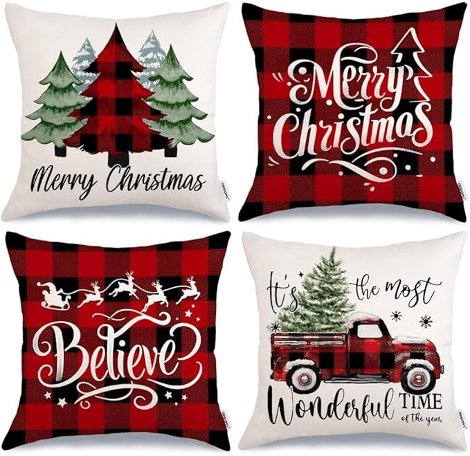 GEEORY Merry Christmas Throw Pillow Covers 18x18 Inch Set of 4, Xmas Trees Truck Buffalo Plaid Be... | Amazon (US)
