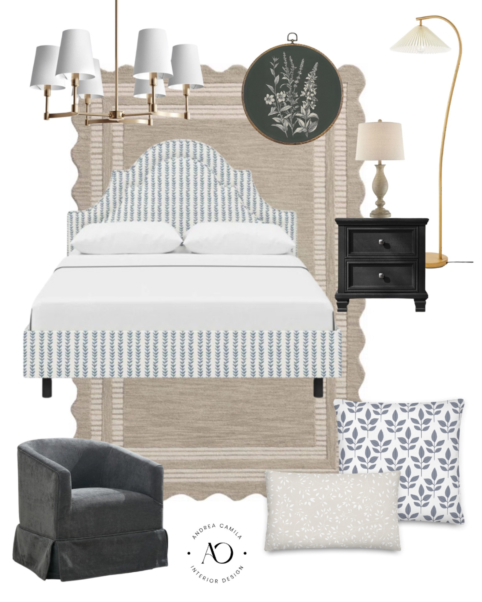 Cottagecore bedroom. Upholstered scalloped bed frame. Traditional chandelier. Modern farmhouse drawer nightstand set. Vintage botanical floral wall art. Cottage table lamps. Wooden floor lamp. Beige area rug. Upholstered swivel chair. Affordable furniture. White and navy blue floral pillow cover. Beige floral pillow cover  

#LTKfindsunder50 #LTKhome #LTKsalealert