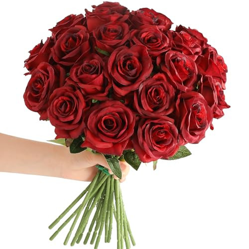 Tifuly Red Roses Artificial Flowers - 12 pcs Realistic Long Stem Fake Roses Faux Silk Flowers for DIY Bouquets Wedding Centerpieces Arrangements Home Party Decor（Burgundy） | Amazon (US)