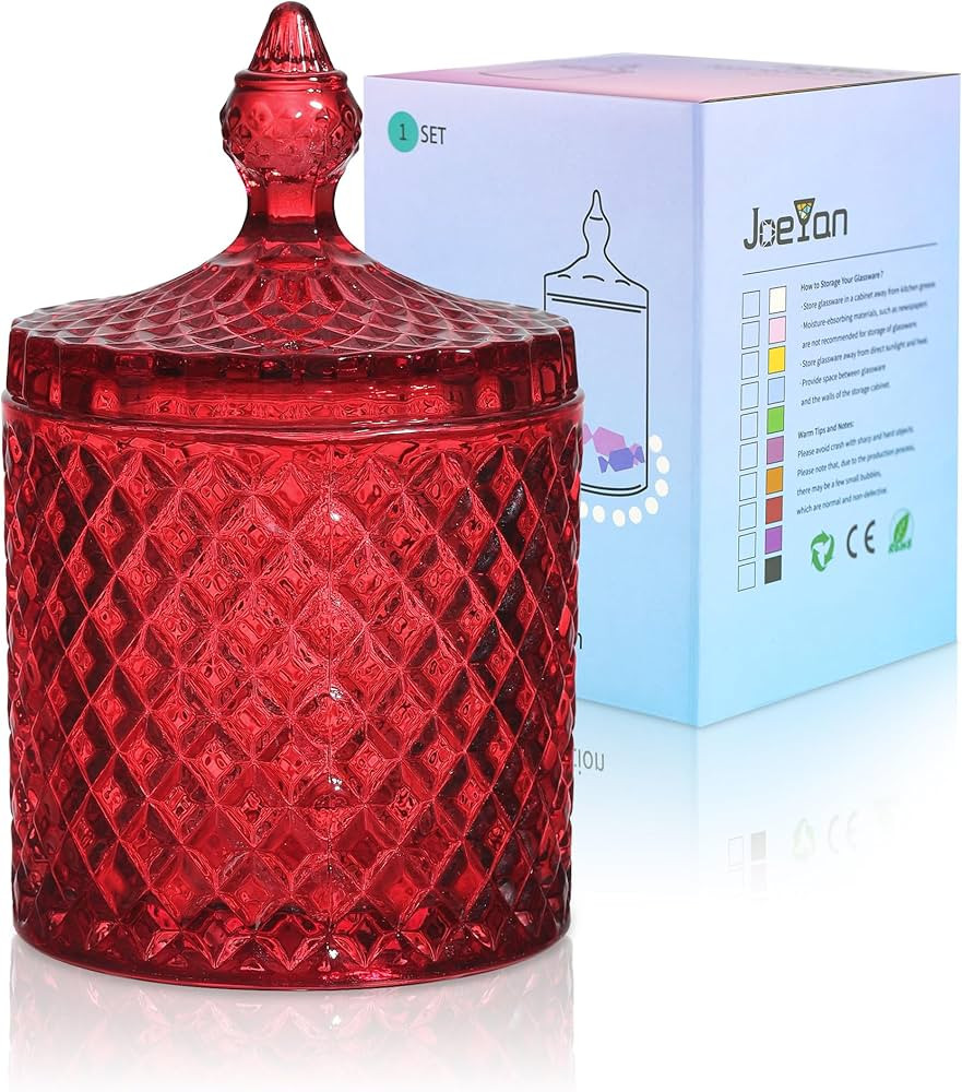 Joeyan 18 oz Red Glass Jars with Lid,Embossed Candy Dishes,Diamond Faceted Glass Food Container,D... | Amazon (US)