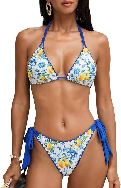 ZAFUL Women's Halter Triangle Bikini Set Whip Stitch 2 Piece Swimsuits Floral Print Tie String Th... | Amazon (US)