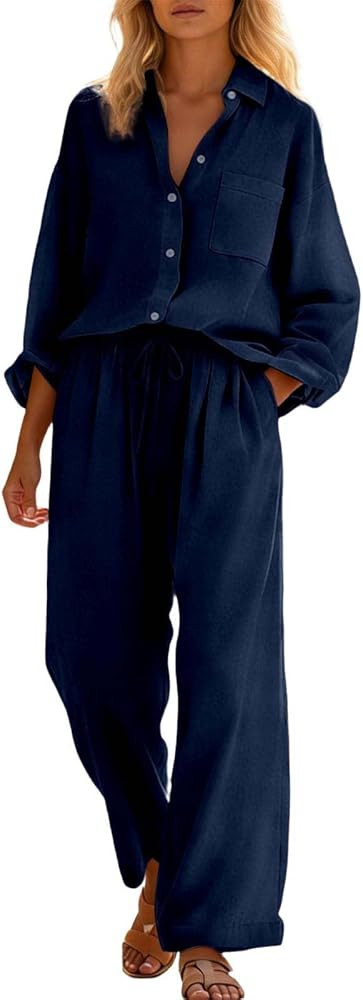 Franterd Linen Sets for Women 2 Piece Summer Linen Button Down Shirt Wide Leg Pants Outfits Casua... | Amazon (US)