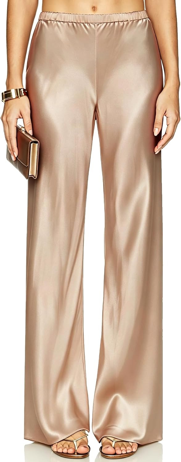 Women's Satin Silk Wide Leg Pants Elastic Waist Palazzo Trousers | Amazon (US)