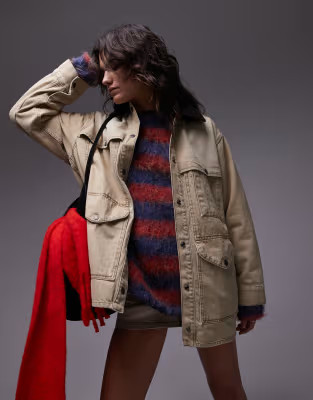 Topshop denim barn jacket with cord collar in beige | ASOS (Global)