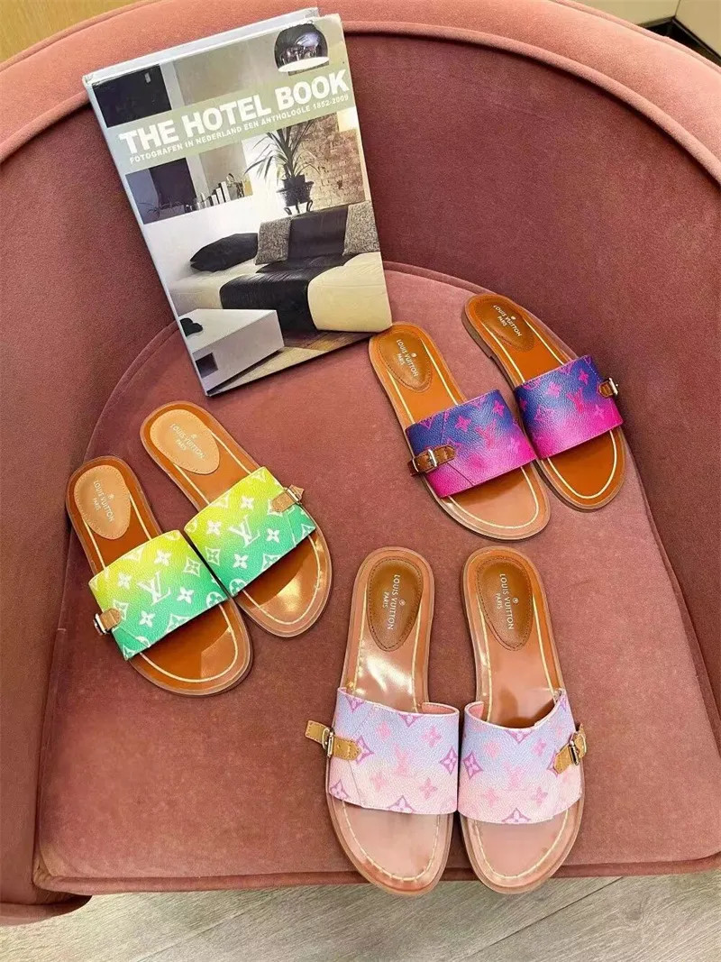LV Dupe Sandals Slipper Gradient Colour Summer Flat Shoes Fashion Beach Woman Rainbow Letters Sli... | DHGate