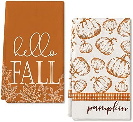 Fall Dish Towels for Fall Decor Watercolor Pumpkin Maple Leaves Kitchen Towels 18x26 Inch Autumn Tha | Amazon (US)