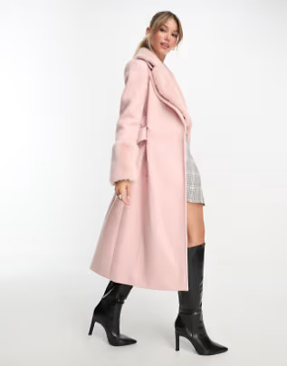 Ever New faux fur midi coat in powder pink | ASOS (Global)