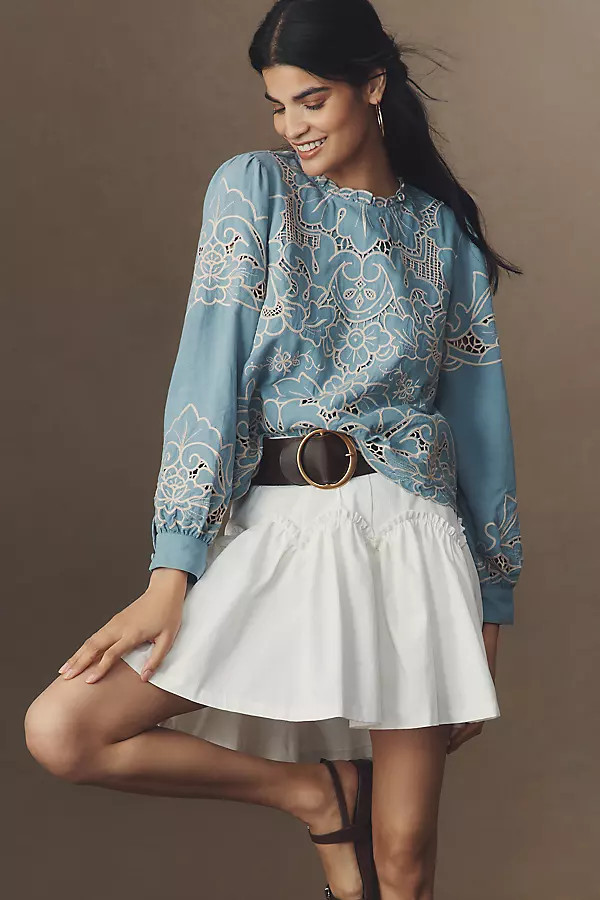 The Lainie Long-Sleeve Lace Cutwork Blouse | Anthropologie (US)