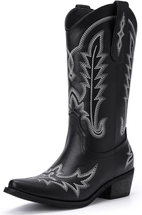 Cowboy Boots for Women - Cowgirl Boots with Embroidery, Chunky Heel Pointed Toe Pull-on Vintage W... | Amazon (US)