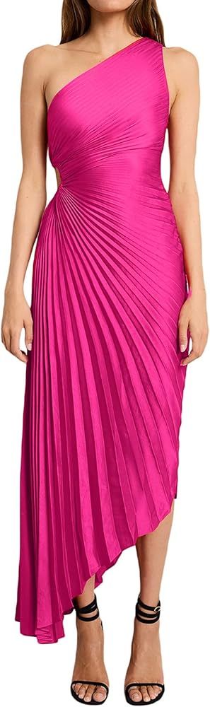 Molisry Women Satin One Shoulder Maxi Dress 2023 Sexy Pleated Wedding Party Dress Waist Hollow Ou... | Amazon (US)