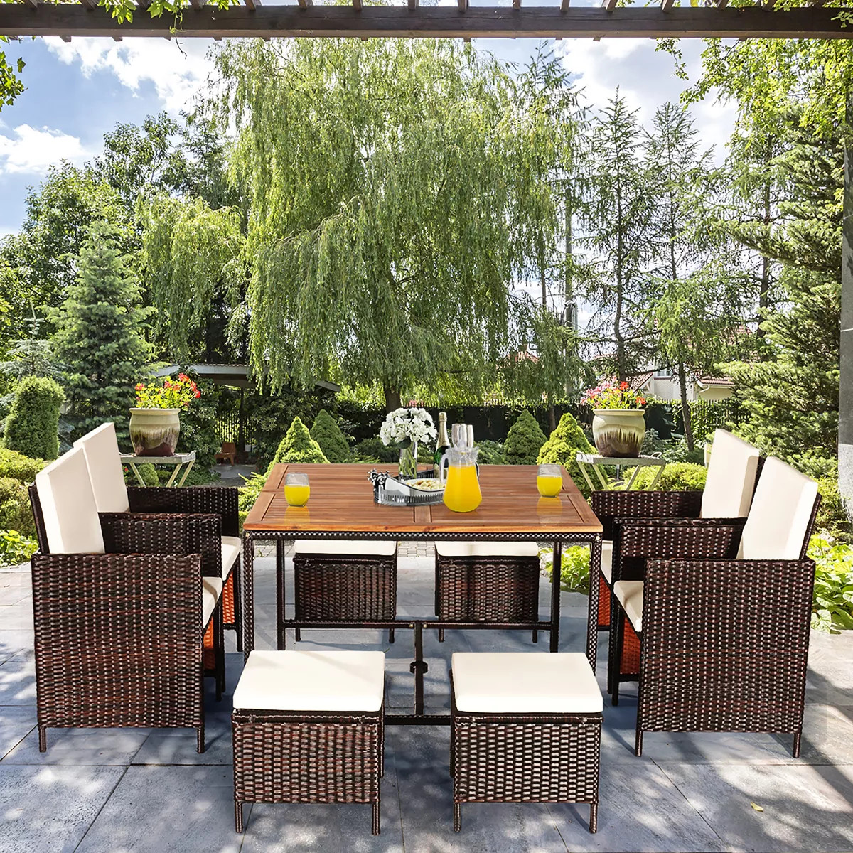 Costway 9PCS  Acacia Wood Patio Rattan Dining Set Cushioned Chairs Ottoman | Target