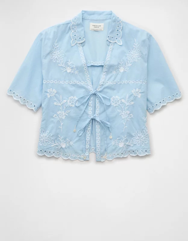 AE Collared Tie Front Embroidered Shirt | American Eagle Outfitters (US & CA)