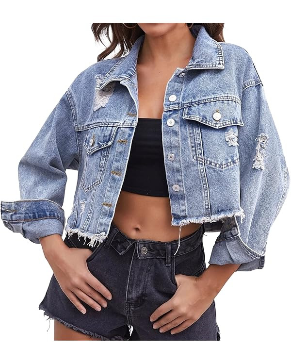 LONGYIDA Women's Cropped Denim Jacket | Distressed Button-Down Jean Jacket | Long Sleeve Ripped &... | Amazon (US)