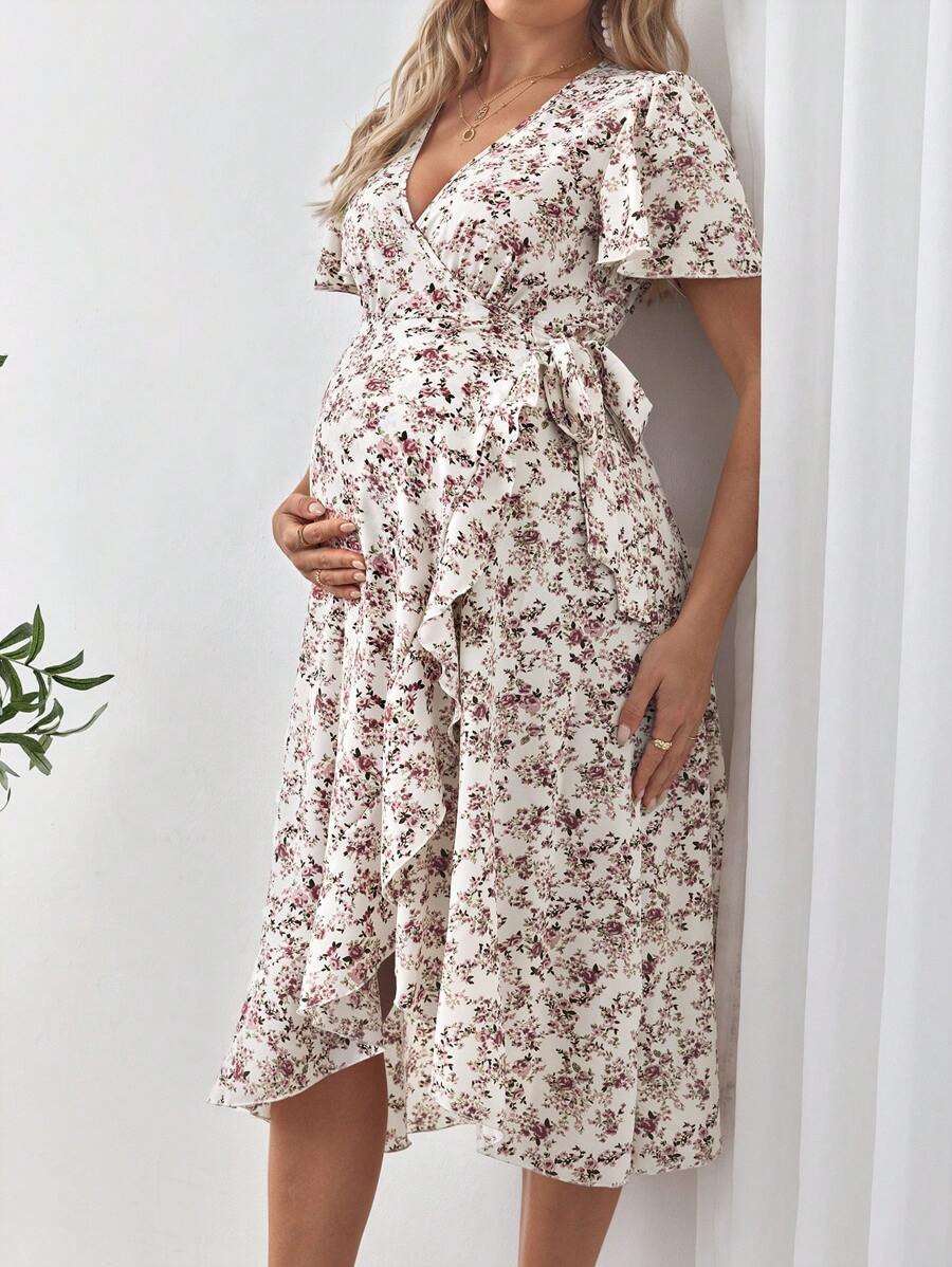 SHEIN Maternity V-Neck Short Sleeve Allover Print Casual Dress, For Music Festival | SHEIN